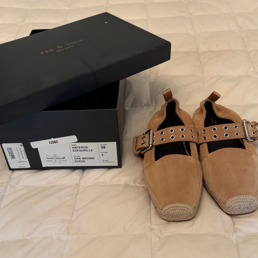 rag & bone Anteros Espadrille Loafers in Oak Brown Suede with original box.